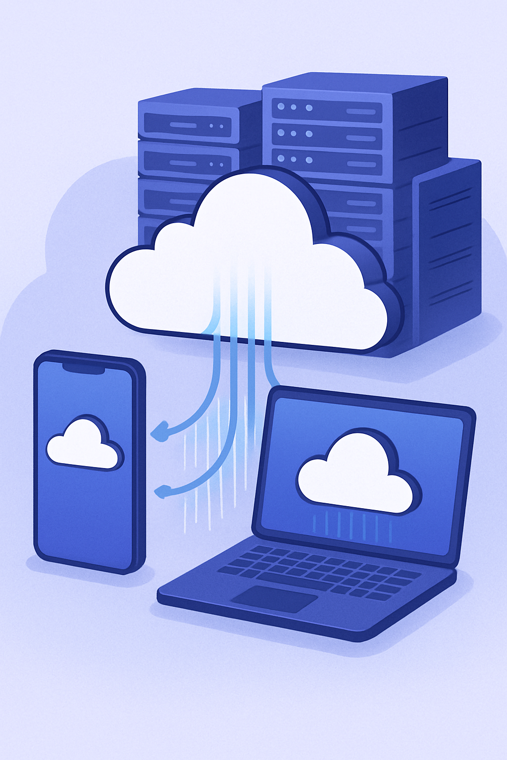The image features a digital illustration depicting a cloud computing concept It shows a smartphone and a laptop connected to a cloud symbol with data